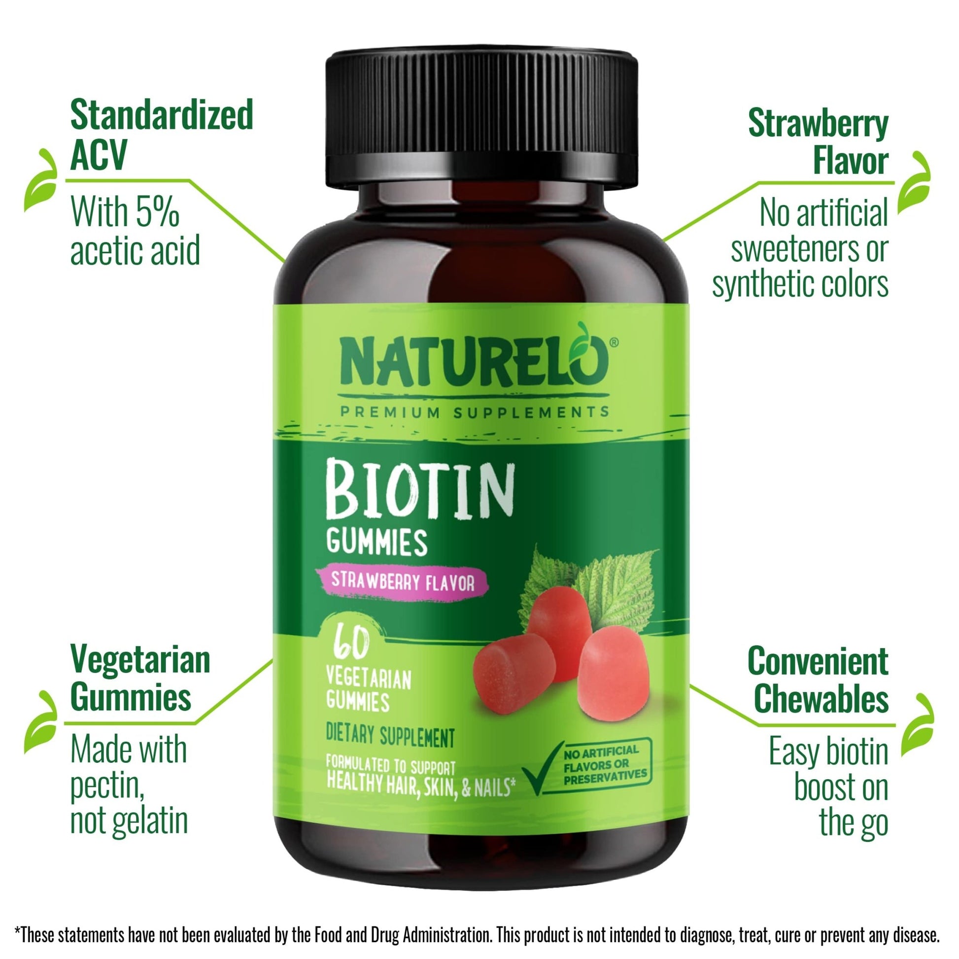 NATURELO Biotin Gummies - Supports Healthy Hair, Skin & Nails - High Potency 2500 mcg - Non GMO, Gluten Free - 60 Gummies - dailyvitalstore