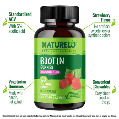 NATURELO Biotin Gummies - Supports Healthy Hair, Skin & Nails - High Potency 2500 mcg - Non GMO, Gluten Free - 60 Gummies - dailyvitalstore