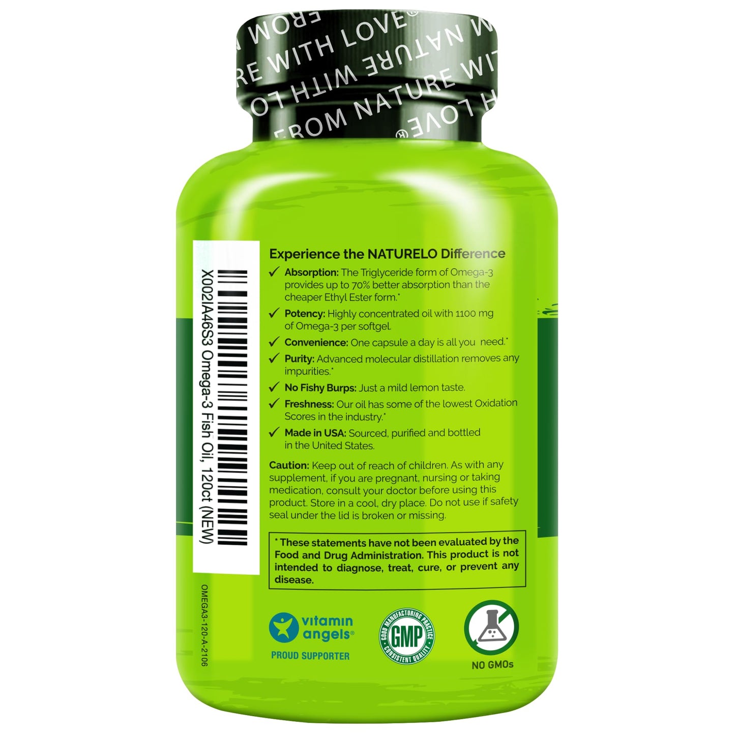 NATURELO Burpless Omega 3 Fish Oil Supplement - 1100mg Triglyceride Omega-3, EPA + DHA, Liquid Fish Oil for Heart, Eye, Brain, Joint Health - dailyvitalstore