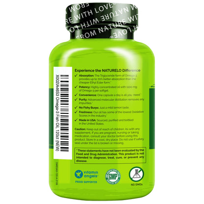 NATURELO Burpless Omega 3 Fish Oil Supplement - 1100mg Triglyceride Omega-3, EPA + DHA, Liquid Fish Oil for Heart, Eye, Brain, Joint Health - dailyvitalstore