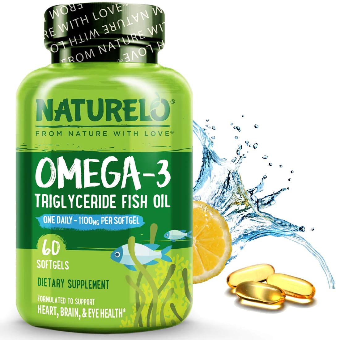 NATURELO Burpless Omega 3 Fish Oil Supplement - 1100mg Triglyceride Omega-3, EPA + DHA, Liquid Fish Oil for Heart, Eye, Brain, Joint Health - dailyvitalstore