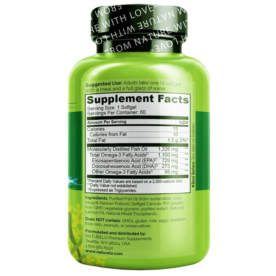 NATURELO Burpless Omega 3 Fish Oil Supplement - 1100mg Triglyceride Omega-3, EPA + DHA, Liquid Fish Oil for Heart, Eye, Brain, Joint Health - dailyvitalstore
