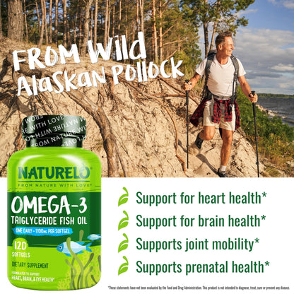 NATURELO Burpless Omega 3 Fish Oil Supplement - 1100mg Triglyceride Omega-3, EPA + DHA, Liquid Fish Oil for Heart, Eye, Brain, Joint Health - dailyvitalstore