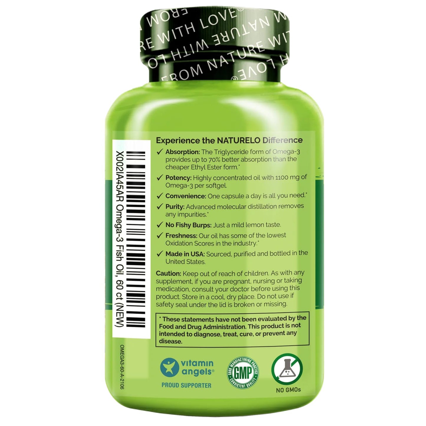 NATURELO Burpless Omega 3 Fish Oil Supplement - 1100mg Triglyceride Omega-3, EPA + DHA, Liquid Fish Oil for Heart, Eye, Brain, Joint Health - dailyvitalstore