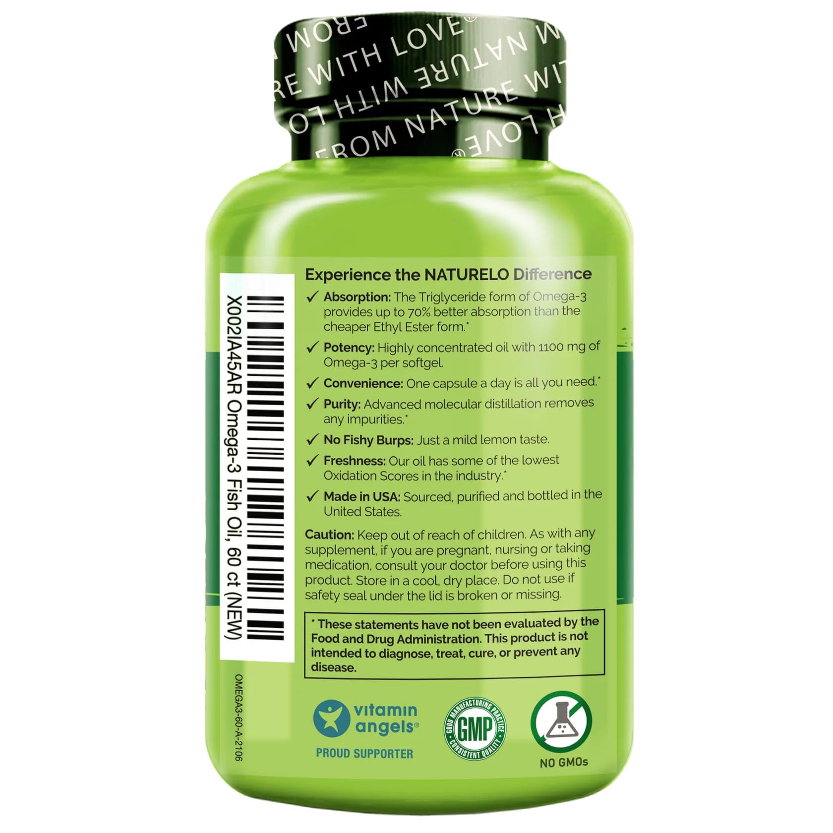 NATURELO Burpless Omega 3 Fish Oil Supplement - 1100mg Triglyceride Omega-3, EPA + DHA, Liquid Fish Oil for Heart, Eye, Brain, Joint Health - dailyvitalstore