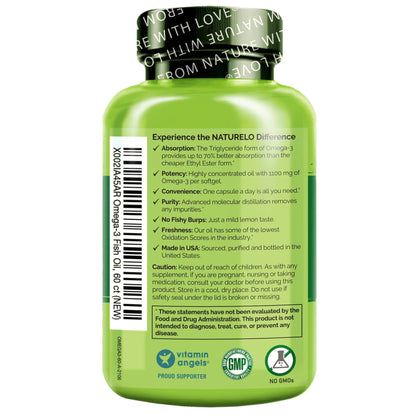 NATURELO Burpless Omega 3 Fish Oil Supplement - 1100mg Triglyceride Omega-3, EPA + DHA, Liquid Fish Oil for Heart, Eye, Brain, Joint Health - dailyvitalstore
