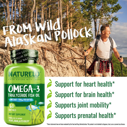 NATURELO Burpless Omega 3 Fish Oil Supplement - 1100mg Triglyceride Omega-3, EPA + DHA, Liquid Fish Oil for Heart, Eye, Brain, Joint Health - dailyvitalstore