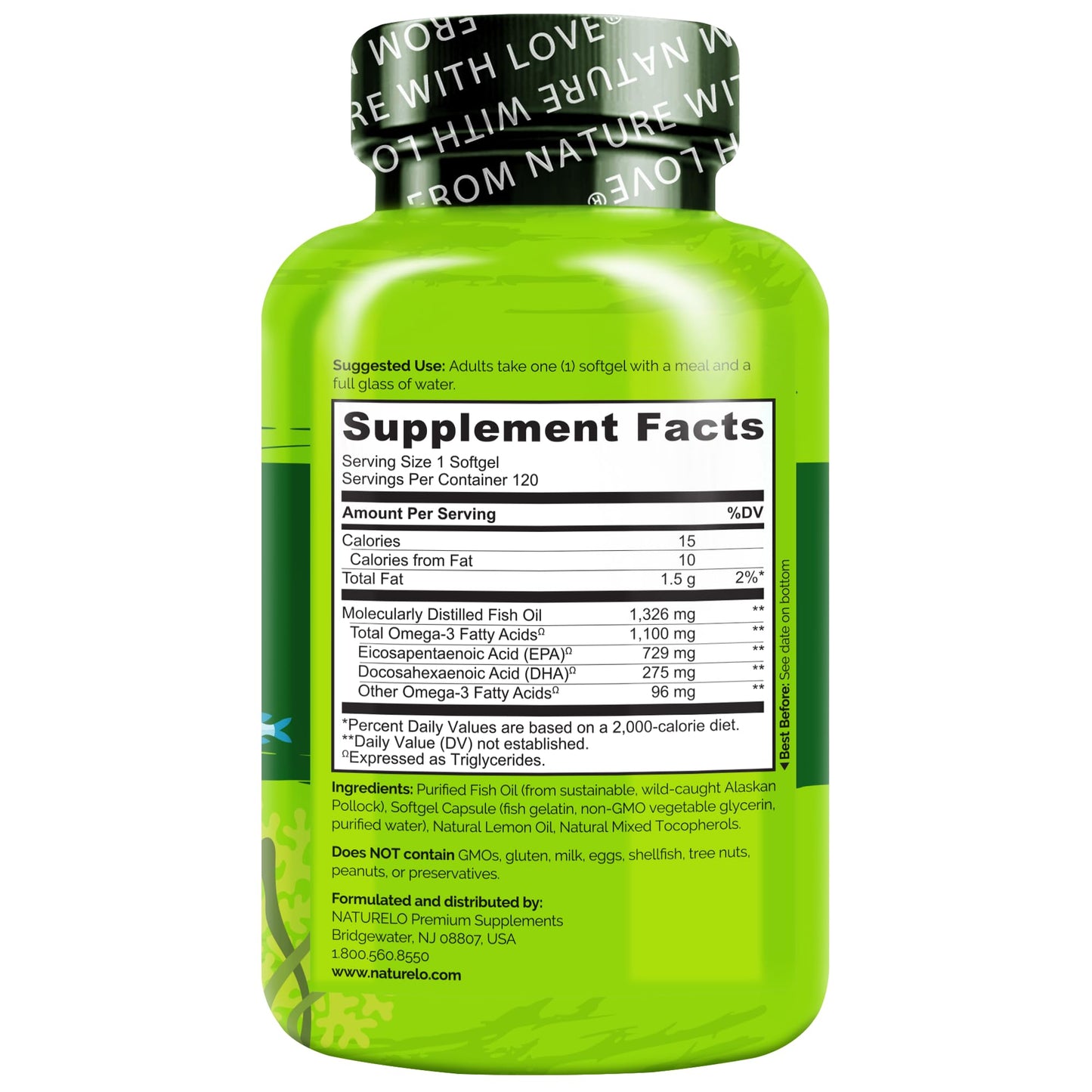 NATURELO Burpless Omega 3 Fish Oil Supplement - 1100mg Triglyceride Omega-3, EPA + DHA, Liquid Fish Oil for Heart, Eye, Brain, Joint Health - dailyvitalstore