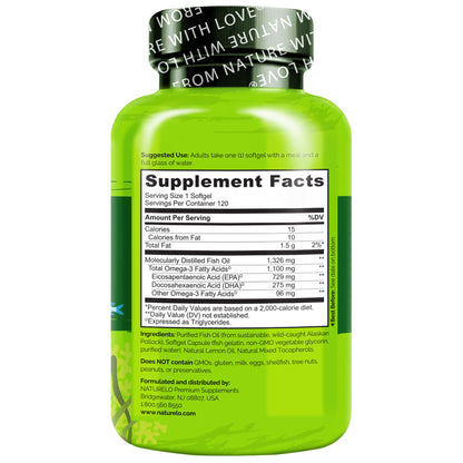 NATURELO Burpless Omega 3 Fish Oil Supplement - 1100mg Triglyceride Omega-3, EPA + DHA, Liquid Fish Oil for Heart, Eye, Brain, Joint Health - dailyvitalstore