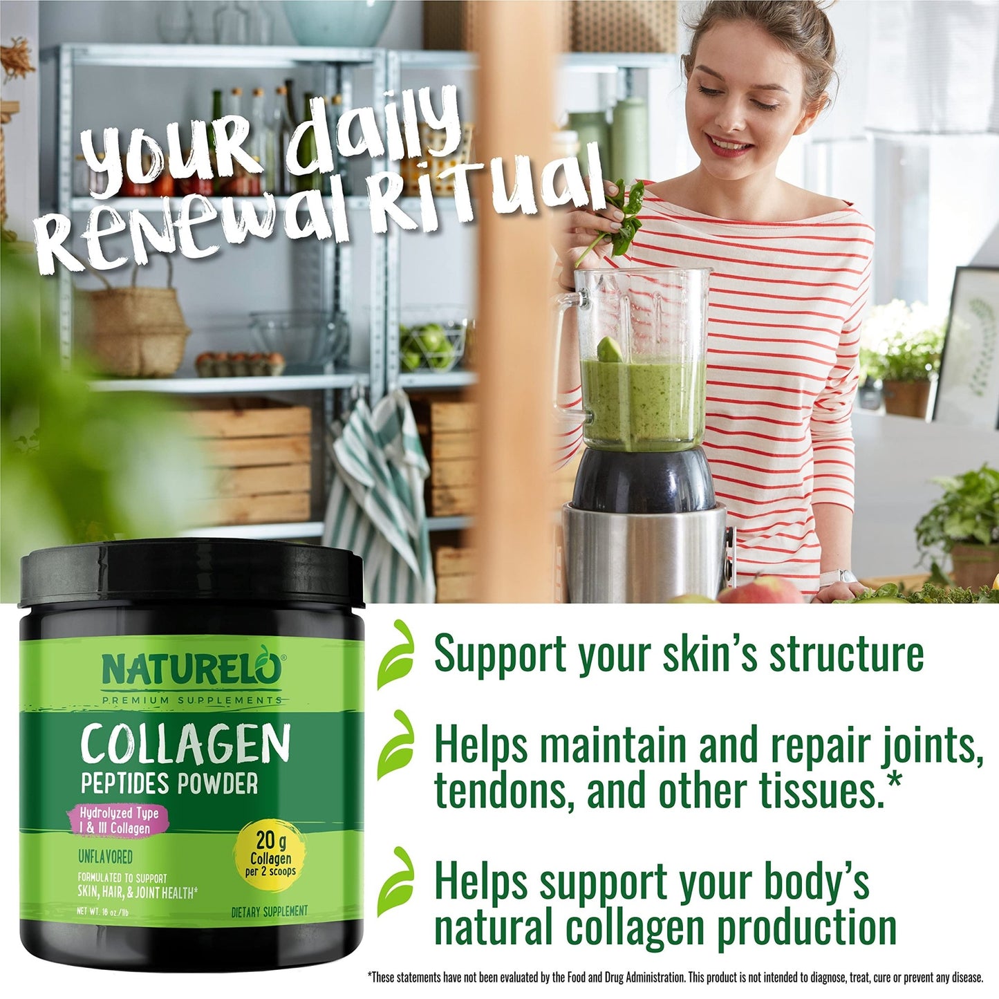 NATURELO Collagen Peptide Powder, Hydrolyzed Collagen Type I & III, Skin Hair & Joint Health - Unflavored, 16 Ounces | 45 Servings - dailyvitalstore