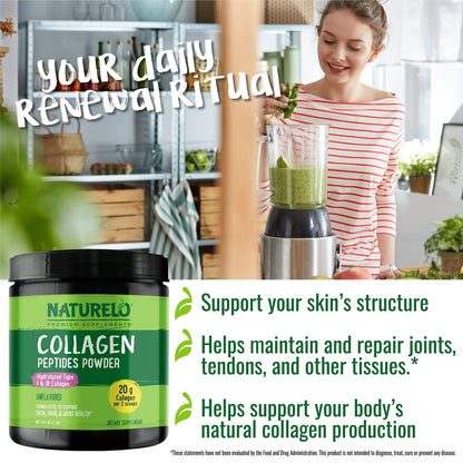 NATURELO Collagen Peptide Powder, Hydrolyzed Collagen Type I & III, Skin Hair & Joint Health - Unflavored, 16 Ounces | 45 Servings - dailyvitalstore