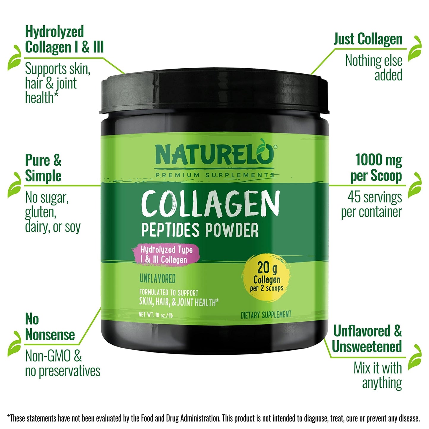 NATURELO Collagen Peptide Powder, Hydrolyzed Collagen Type I & III, Skin Hair & Joint Health - Unflavored, 16 Ounces | 45 Servings - dailyvitalstore