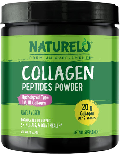 NATURELO Collagen Peptide Powder, Hydrolyzed Collagen Type I & III, Skin Hair & Joint Health - Unflavored, 16 Ounces | 45 Servings - dailyvitalstore