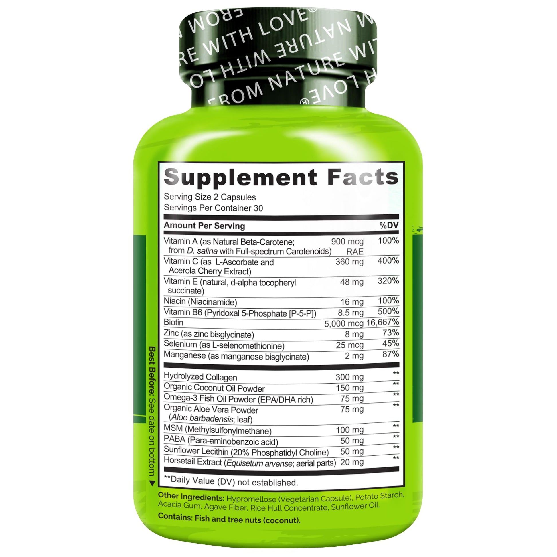 NATURELO Hair, Skin and Nails Vitamins - 5000 mcg Biotin, Collagen, Natural Vitamin E - Supplement for Healthy Skin - dailyvitalstore