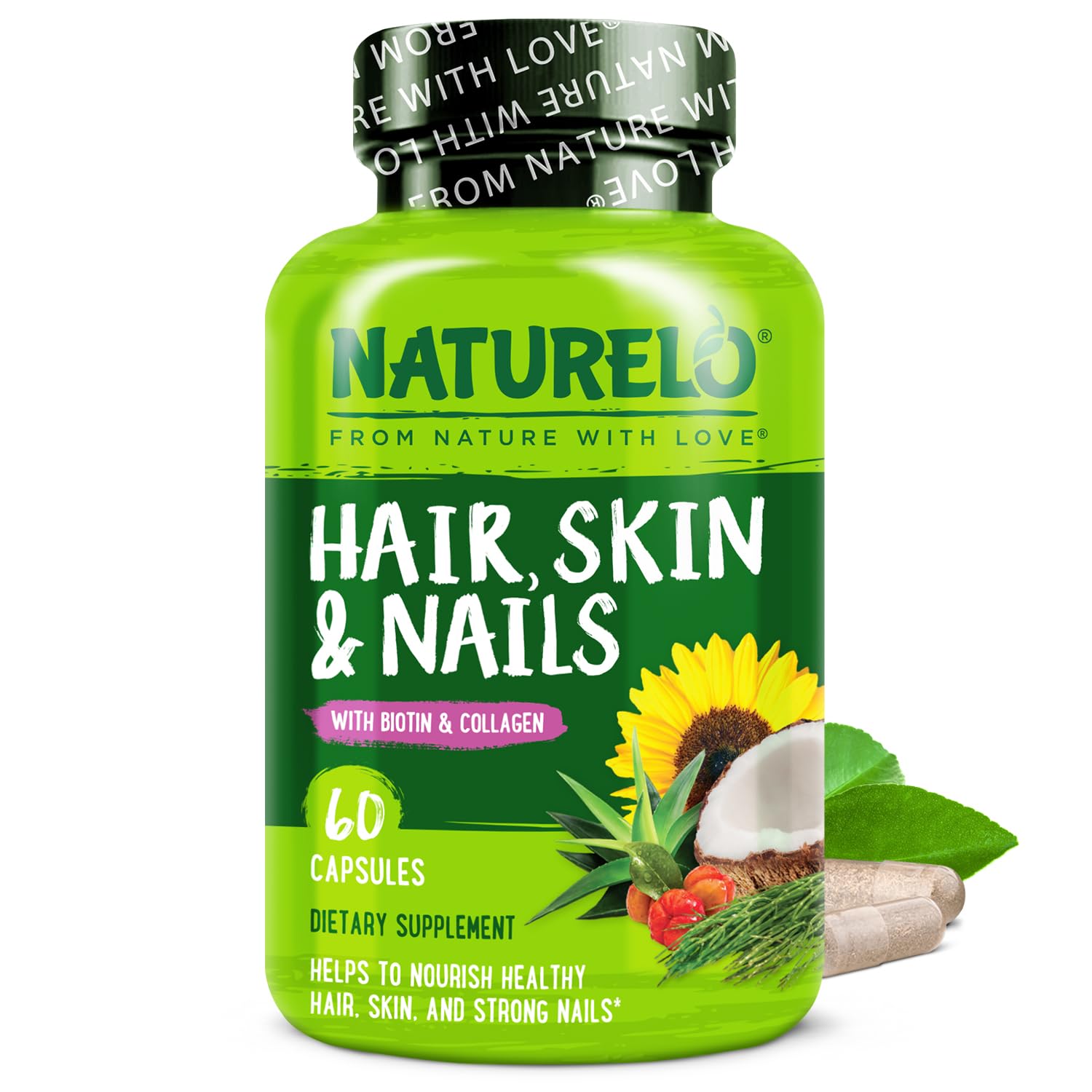 NATURELO Hair, Skin and Nails Vitamins - 5000 mcg Biotin, Collagen, Natural Vitamin E - Supplement for Healthy Skin - dailyvitalstore