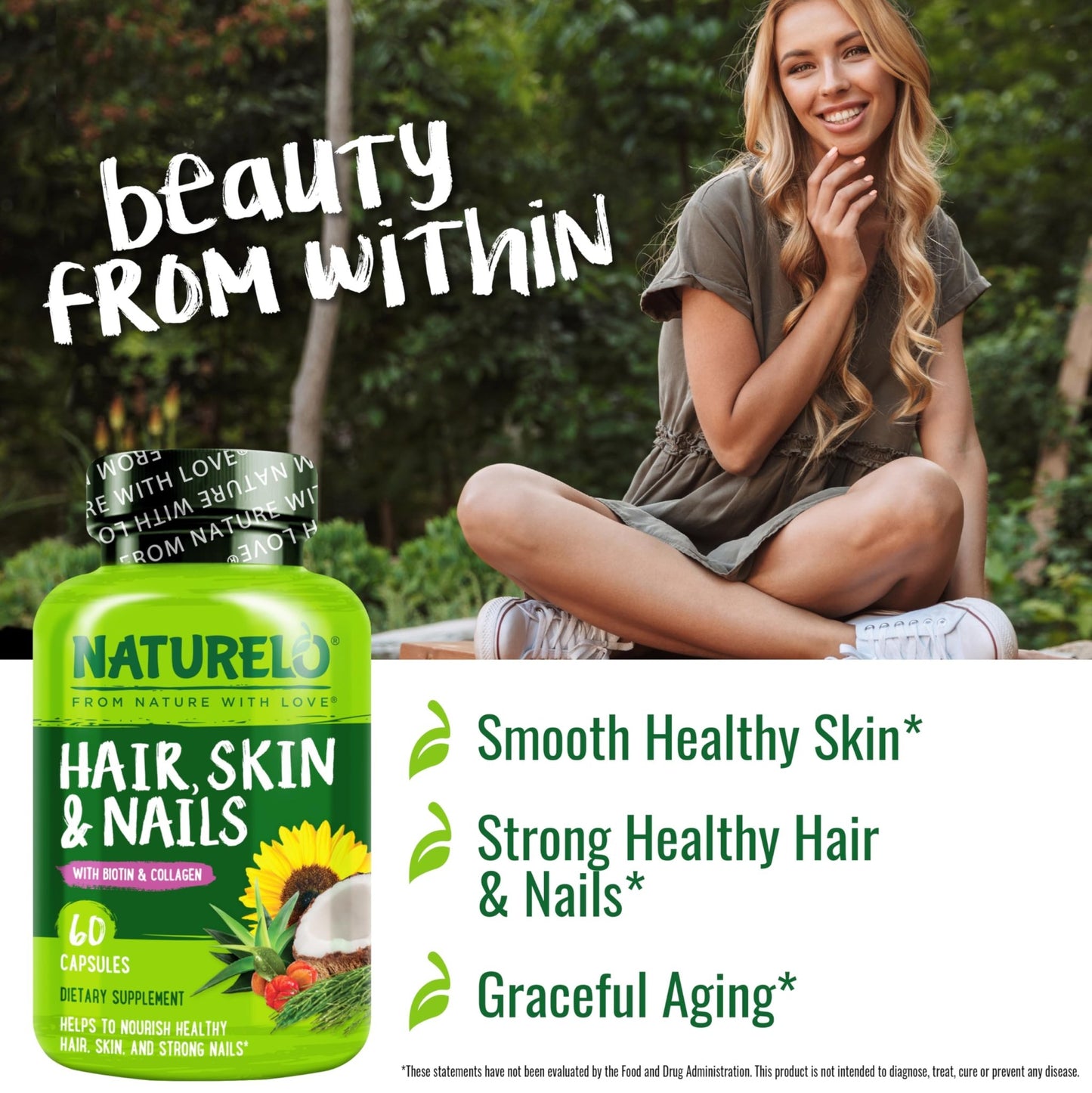 NATURELO Hair, Skin and Nails Vitamins - 5000 mcg Biotin, Collagen, Natural Vitamin E - Supplement for Healthy Skin - dailyvitalstore