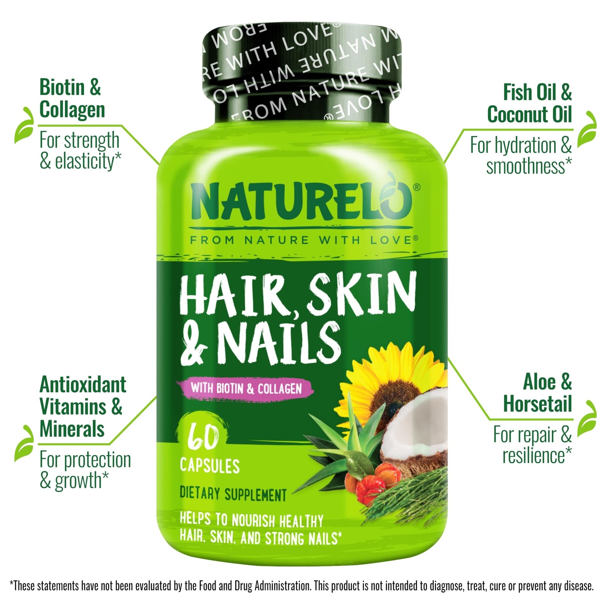 NATURELO Hair, Skin and Nails Vitamins - 5000 mcg Biotin, Collagen, Natural Vitamin E - Supplement for Healthy Skin - dailyvitalstore