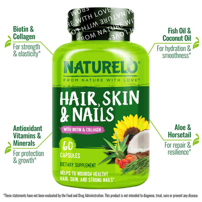 NATURELO Hair, Skin and Nails Vitamins - 5000 mcg Biotin, Collagen, Natural Vitamin E - Supplement for Healthy Skin - dailyvitalstore