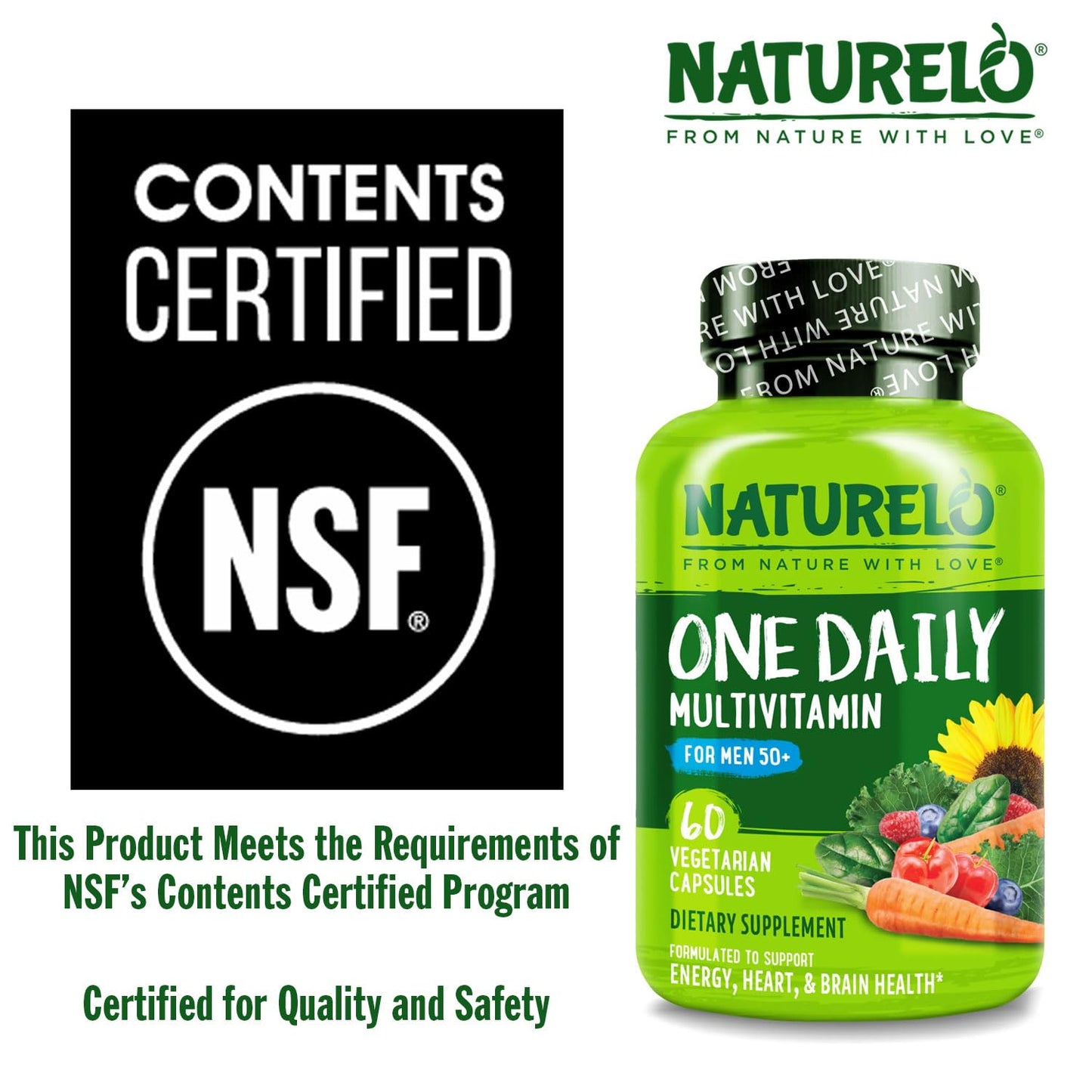 NATURELO Mens Multivitamins for Men 50+ - One Daily Multivitamin for Men with Vitamins, Minerals & Organic Whole Foods, Boost Energy & Health, Non-GMO, 60 Vegetarian Capsules - dailyvitalstore