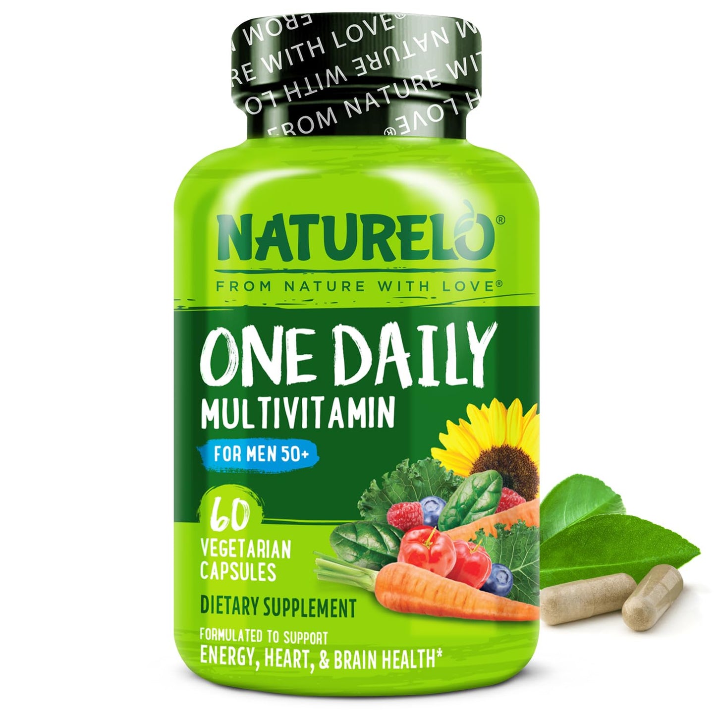 NATURELO Mens Multivitamins for Men 50+ - One Daily Multivitamin for Men with Vitamins, Minerals & Organic Whole Foods, Boost Energy & Health, Non-GMO, 60 Vegetarian Capsules - dailyvitalstore