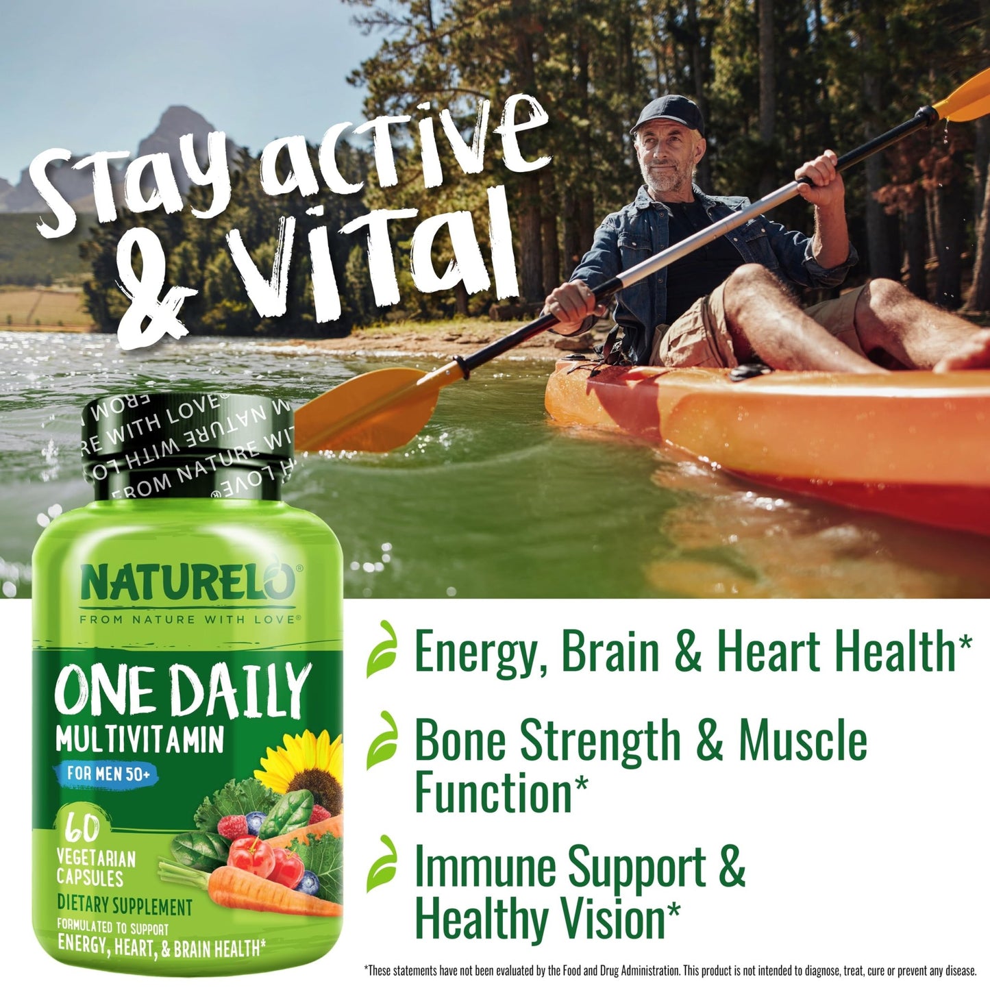 NATURELO Mens Multivitamins for Men 50+ - One Daily Multivitamin for Men with Vitamins, Minerals & Organic Whole Foods, Boost Energy & Health, Non-GMO, 60 Vegetarian Capsules - dailyvitalstore