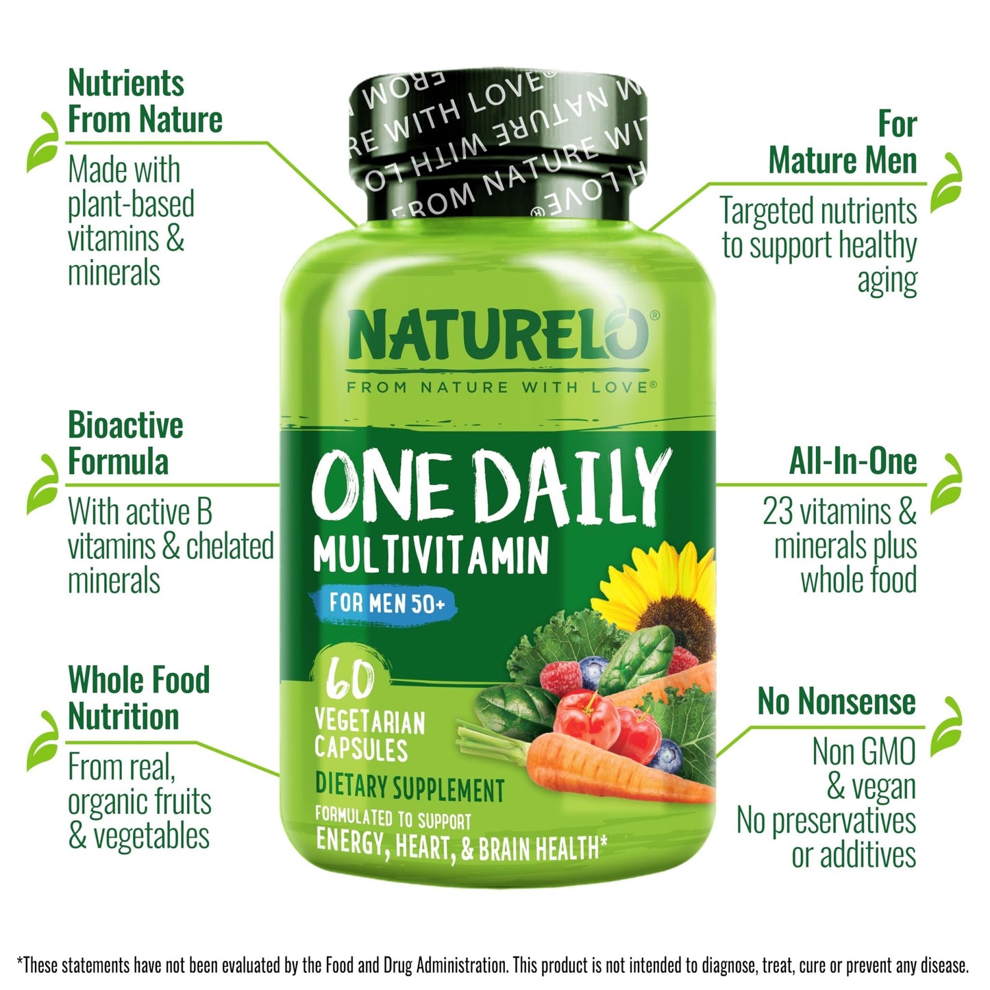 NATURELO Mens Multivitamins for Men 50+ - One Daily Multivitamin for Men with Vitamins, Minerals & Organic Whole Foods, Boost Energy & Health, Non-GMO, 60 Vegetarian Capsules - dailyvitalstore