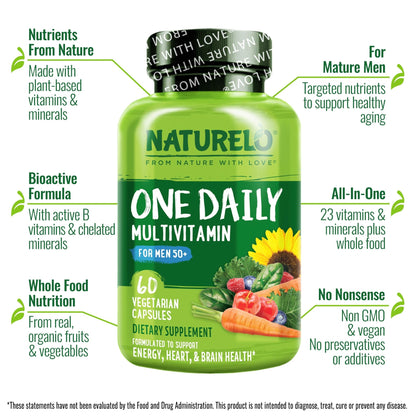 NATURELO Mens Multivitamins for Men 50+ - One Daily Multivitamin for Men with Vitamins, Minerals & Organic Whole Foods, Boost Energy & Health, Non-GMO, 60 Vegetarian Capsules - dailyvitalstore