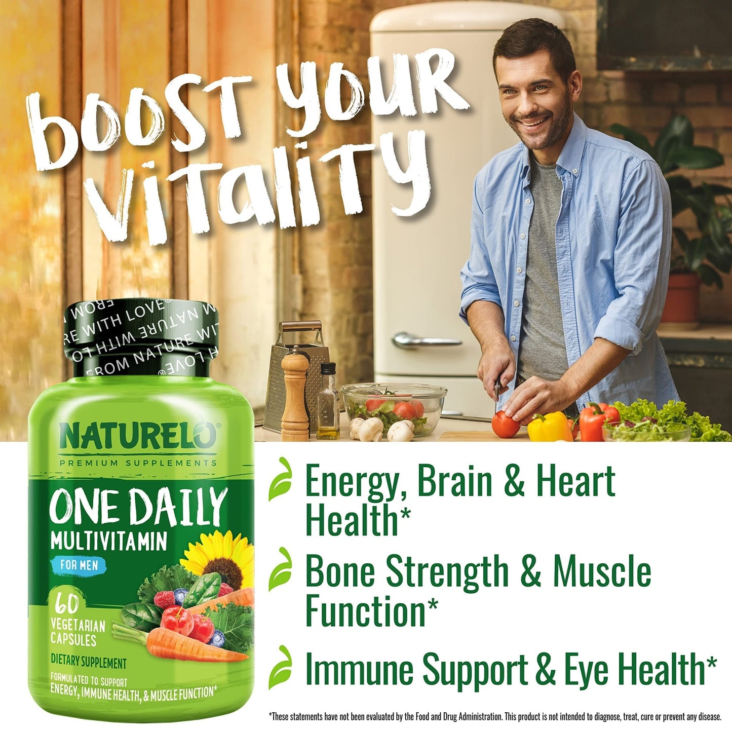 NATURELO Mens Multivitamins - One Daily Multivitamin for Men with Vitamins, Minerals & Organic Whole Foods, Boost Energy & Health, - dailyvitalstore