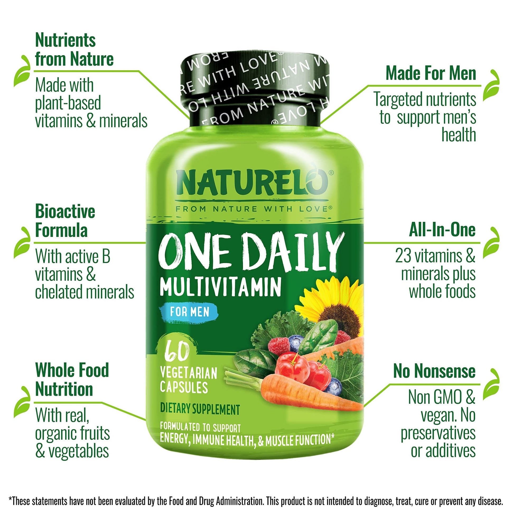 NATURELO Mens Multivitamins - One Daily Multivitamin for Men with Vitamins, Minerals & Organic Whole Foods, Boost Energy & Health, - dailyvitalstore
