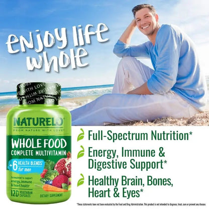 NATURELO Mens Multivitamins - Whole Food Multivitamin for Men with Vitamins, Minerals - 120 Vegetarian Capsules for Energy, Brain, Heart, Eye Health* - dailyvitalstore