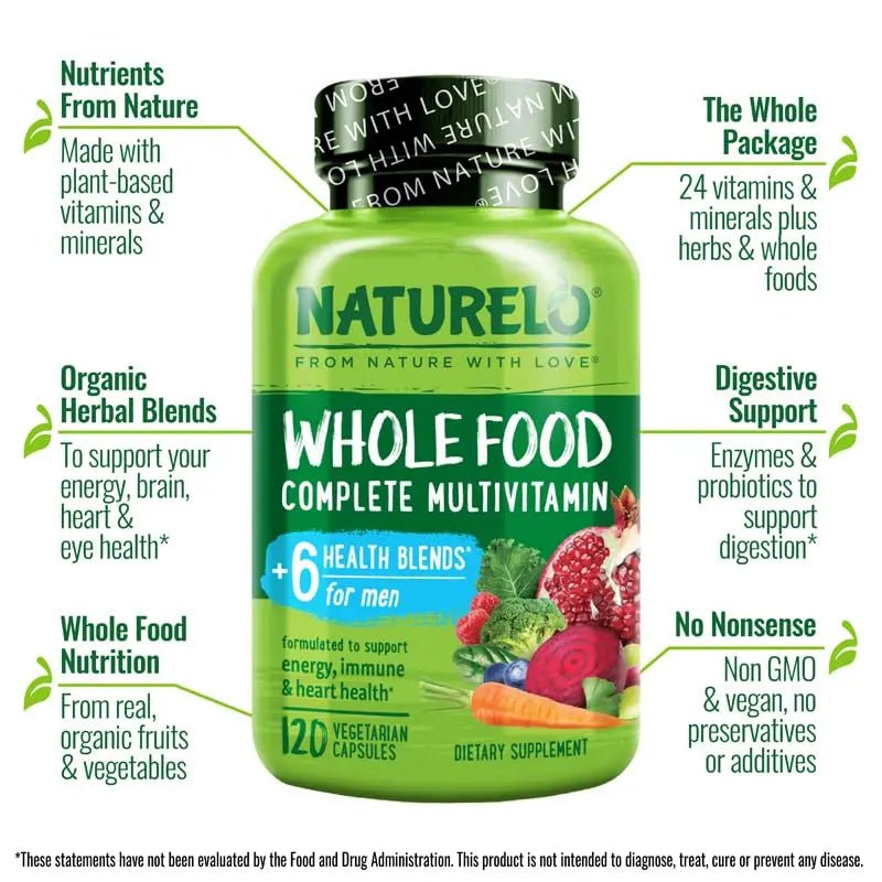 NATURELO Mens Multivitamins - Whole Food Multivitamin for Men with Vitamins, Minerals - 120 Vegetarian Capsules for Energy, Brain, Heart, Eye Health* - dailyvitalstore