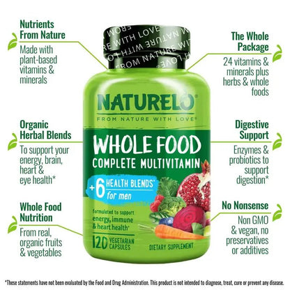 NATURELO Mens Multivitamins - Whole Food Multivitamin for Men with Vitamins, Minerals - 120 Vegetarian Capsules for Energy, Brain, Heart, Eye Health* - dailyvitalstore