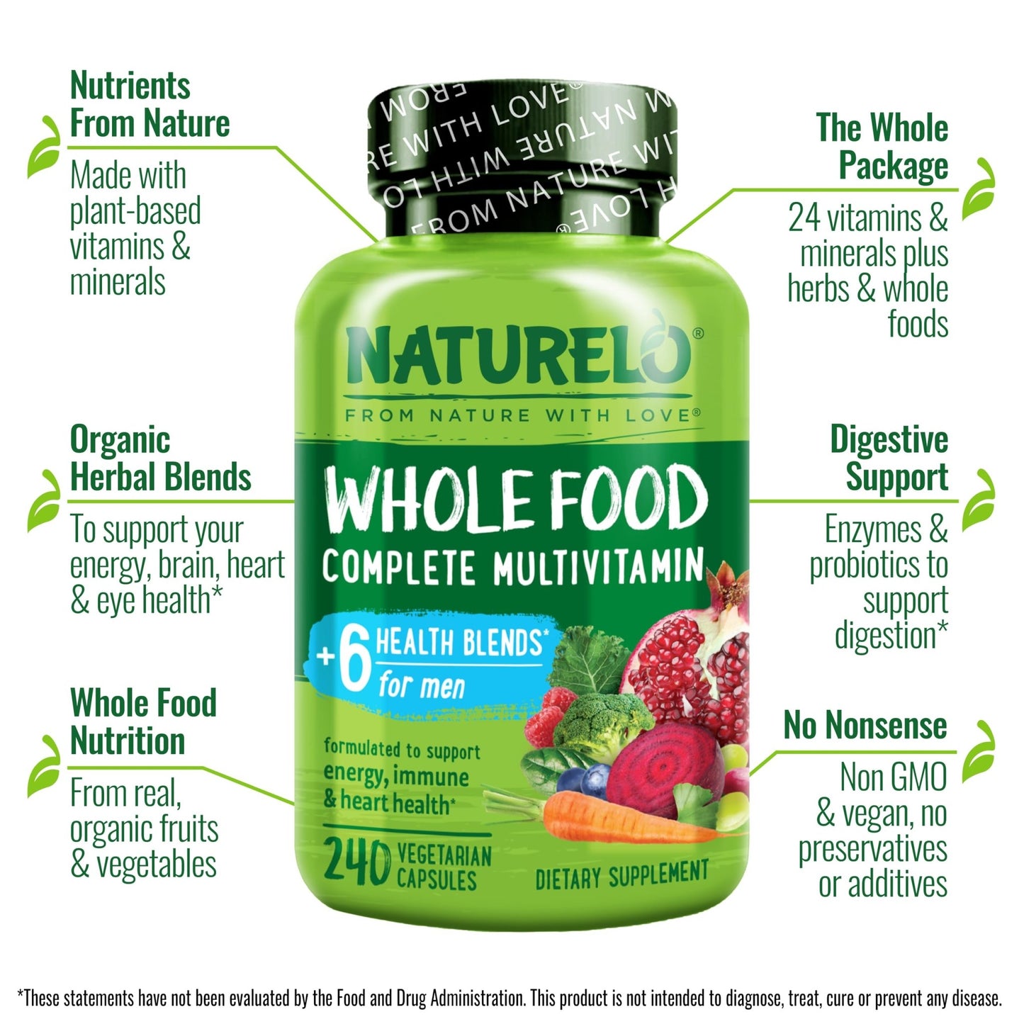 NATURELO Mens Multivitamins - Whole Food Multivitamin for Men with Vitamins, Minerals - 240 Vegetarian Capsules for Energy, Brain, Heart, Eye Health* - dailyvitalstore