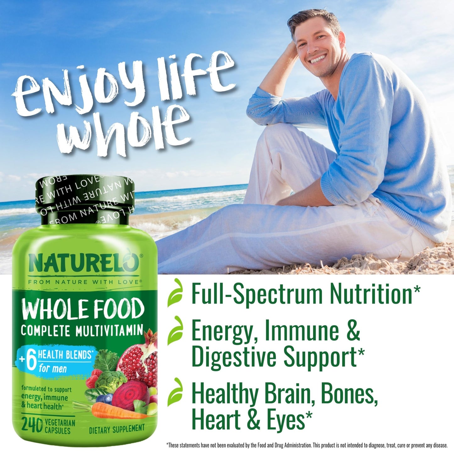 NATURELO Mens Multivitamins - Whole Food Multivitamin for Men with Vitamins, Minerals - 240 Vegetarian Capsules for Energy, Brain, Heart, Eye Health* - dailyvitalstore