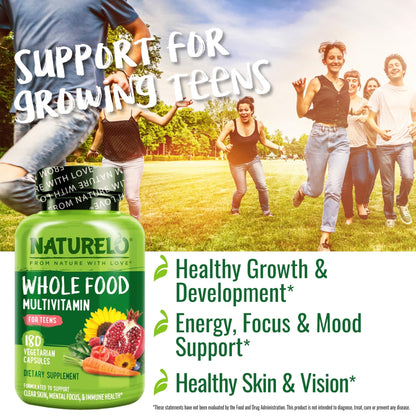 NATURELO Multivitamins for Teenage Girls/Boys, 180 Capsules, Whole Food Multivitamin with Minerals, Non-GMO, Vegetarian - dailyvitalstore