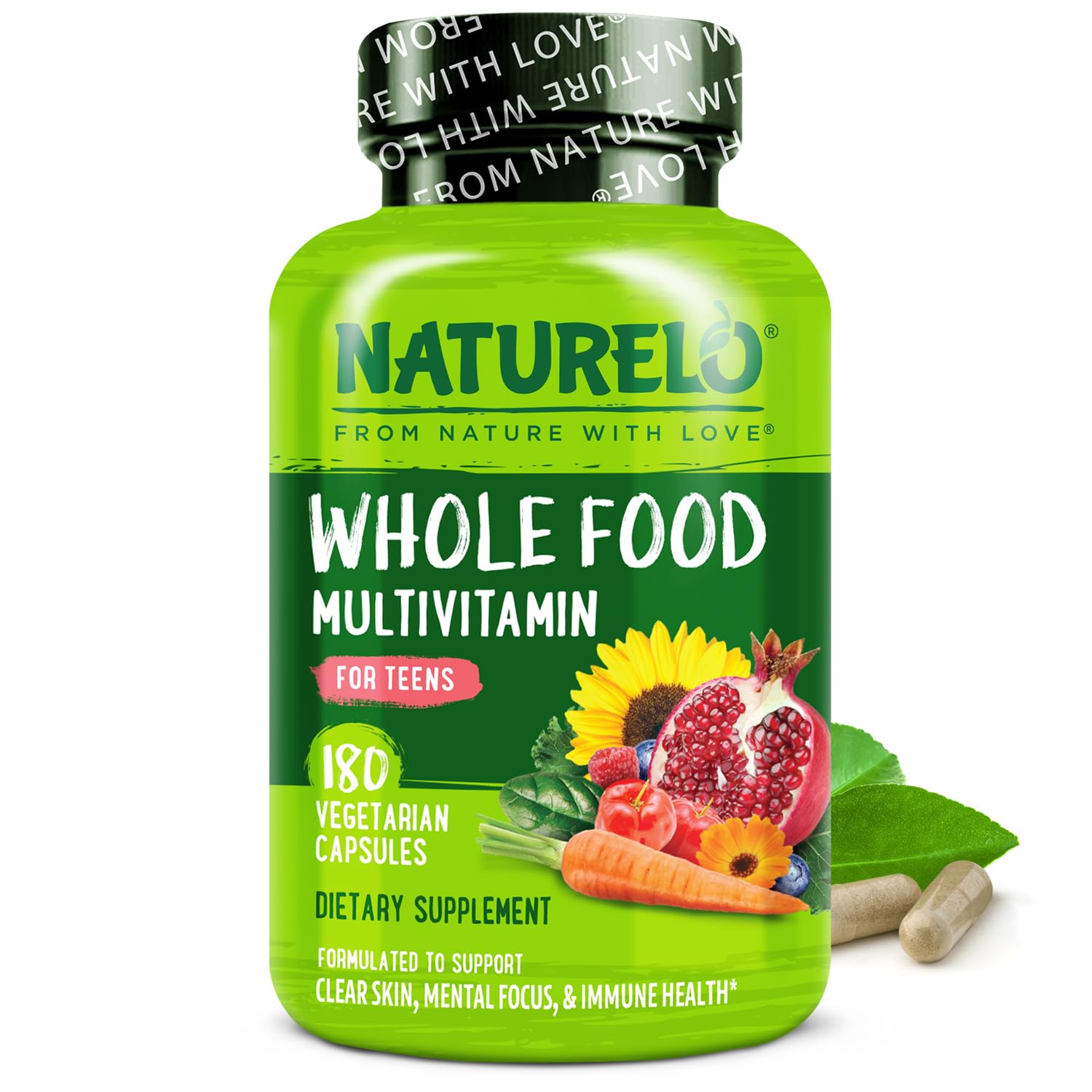 NATURELO Multivitamins for Teenage Girls/Boys, 180 Capsules, Whole Food Multivitamin with Minerals, Non-GMO, Vegetarian - dailyvitalstore