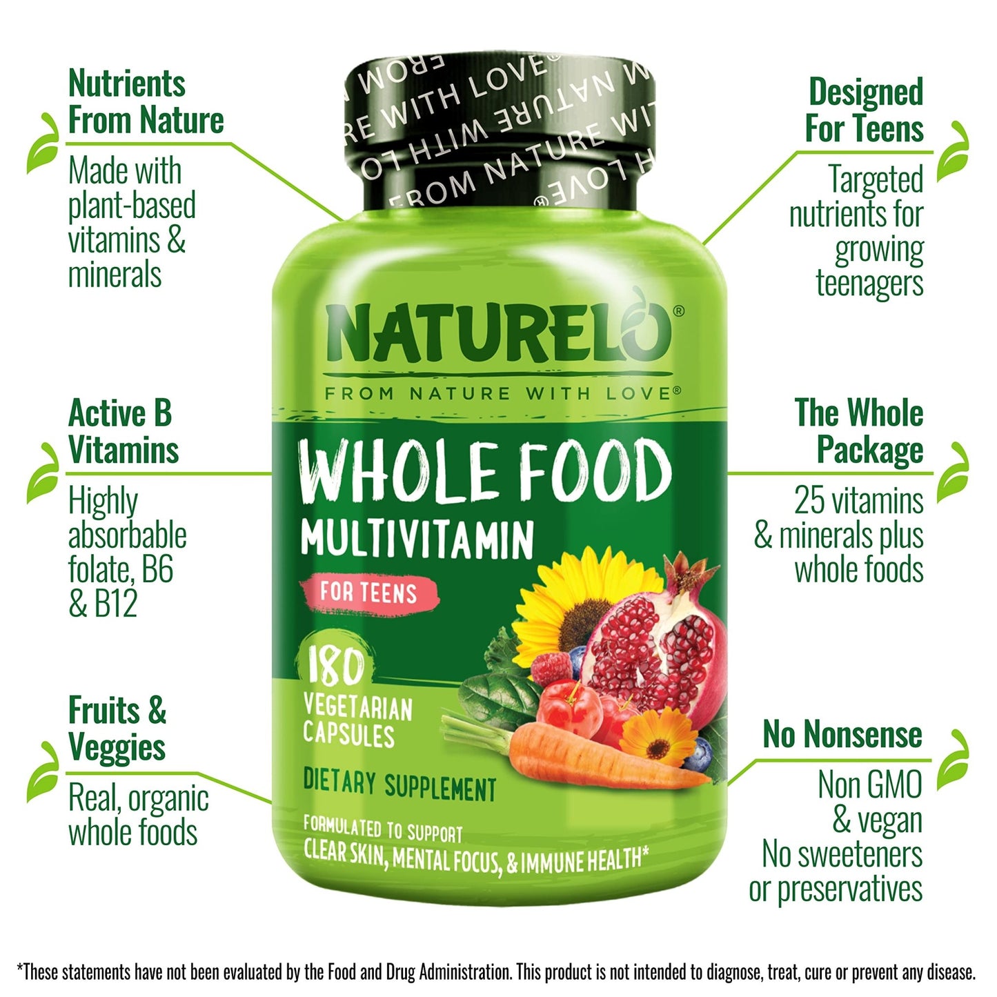 NATURELO Multivitamins for Teenage Girls/Boys, 180 Capsules, Whole Food Multivitamin with Minerals, Non-GMO, Vegetarian - dailyvitalstore