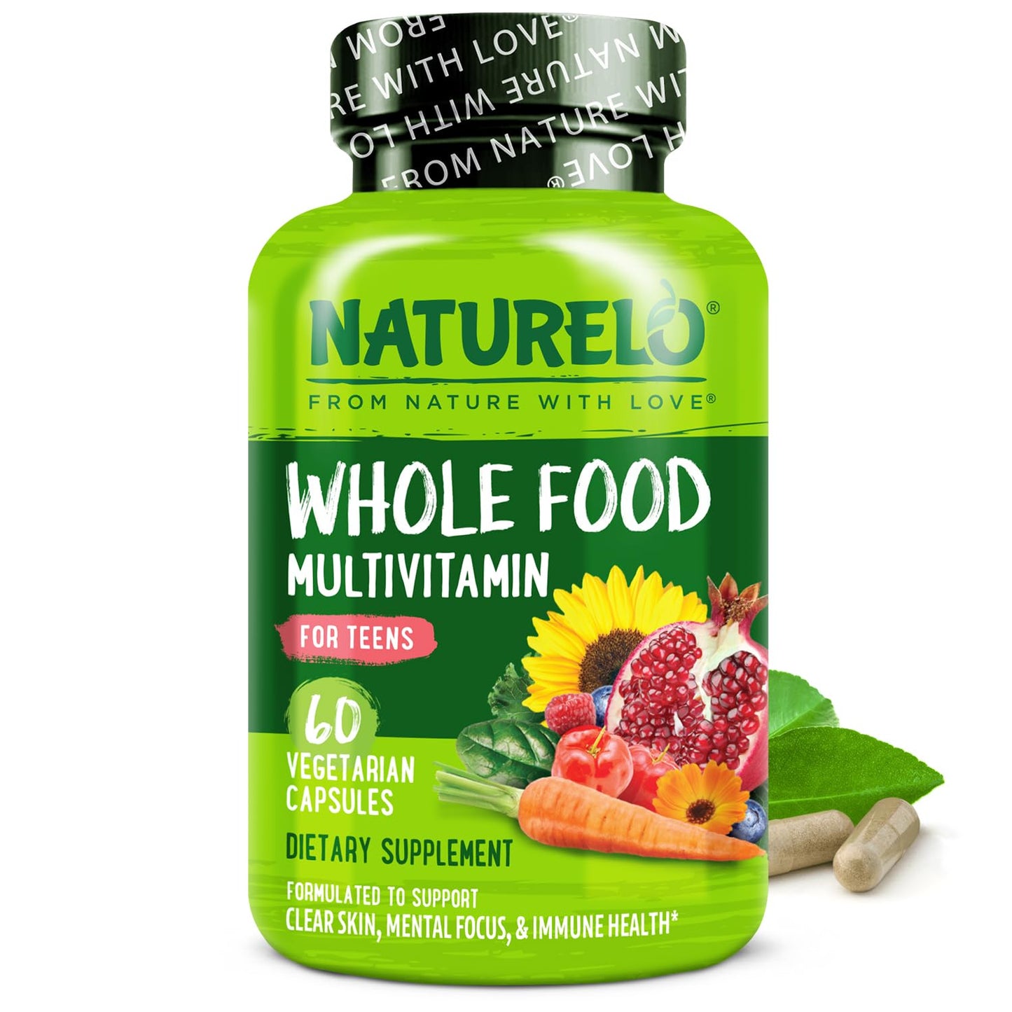 NATURELO Multivitamins for Teenage Girls/Boys, 60 Capsules, Whole Food Multivitamin with Minerals, Non-GMO, Vegetarian - dailyvitalstore