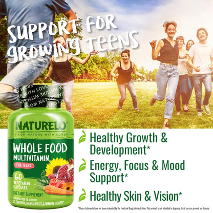 NATURELO Multivitamins for Teenage Girls/Boys, 60 Capsules, Whole Food Multivitamin with Minerals, Non-GMO, Vegetarian - dailyvitalstore