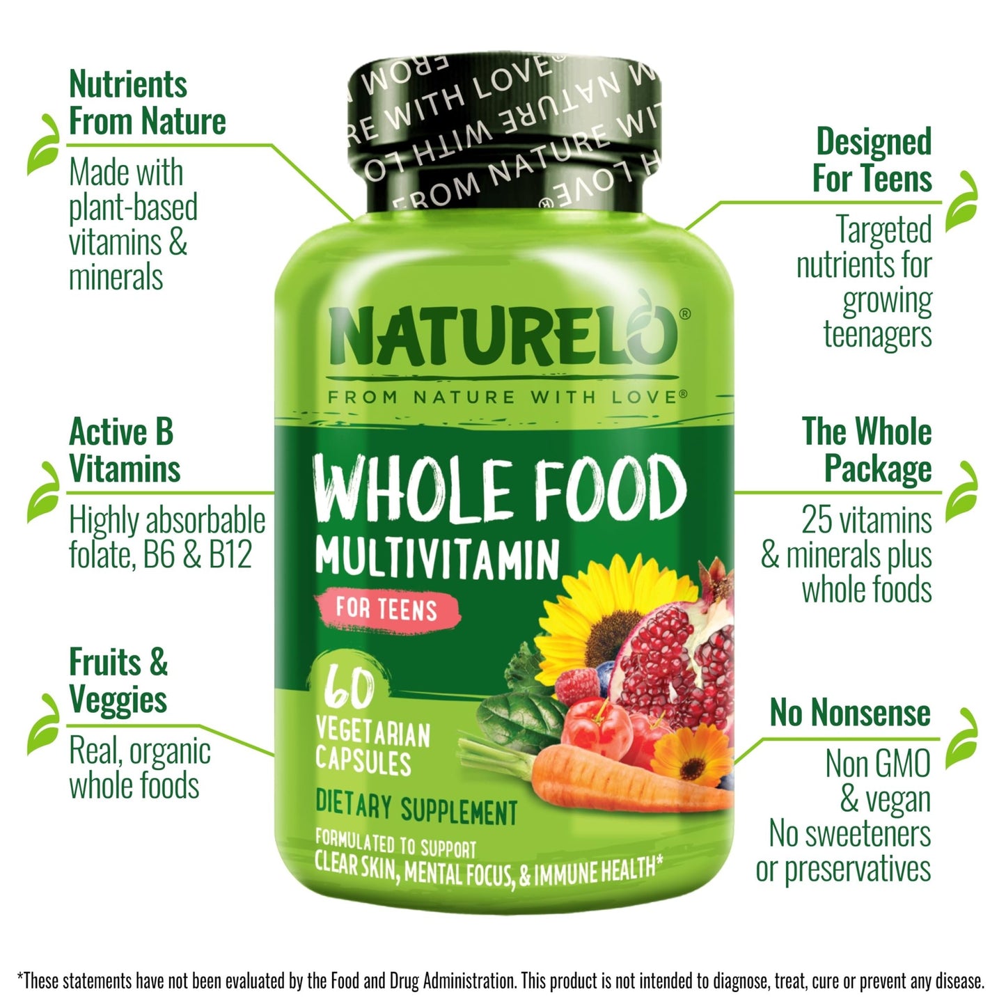 NATURELO Multivitamins for Teenage Girls/Boys, 60 Capsules, Whole Food Multivitamin with Minerals, Non-GMO, Vegetarian - dailyvitalstore