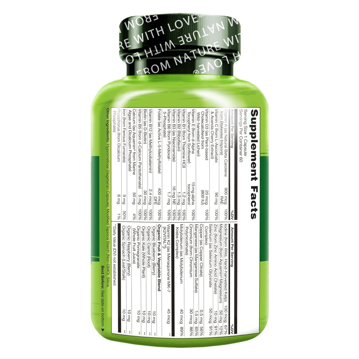 NATURELO One Daily Multivitamin for Women w/Vitamin B12, 60 Ct, Energy Support, Whole Food Daily Women Multivitamin Supplement, Nourish Hair/Skin/Nail, Non-GMO, No Soy, Gluten Free, 2 Month Supply - dailyvitalstore