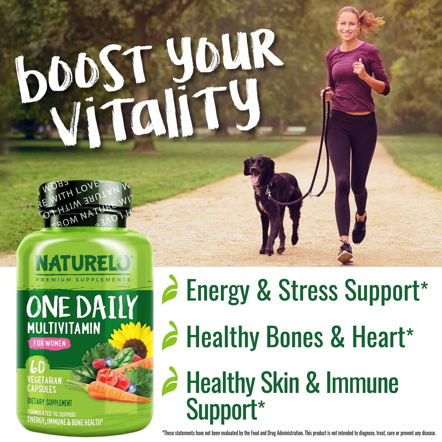 NATURELO One Daily Multivitamin for Women w/Vitamin B12, 60 Ct, Energy Support, Whole Food Daily Women Multivitamin Supplement, Nourish Hair/Skin/Nail, Non-GMO, No Soy, Gluten Free, 2 Month Supply - dailyvitalstore