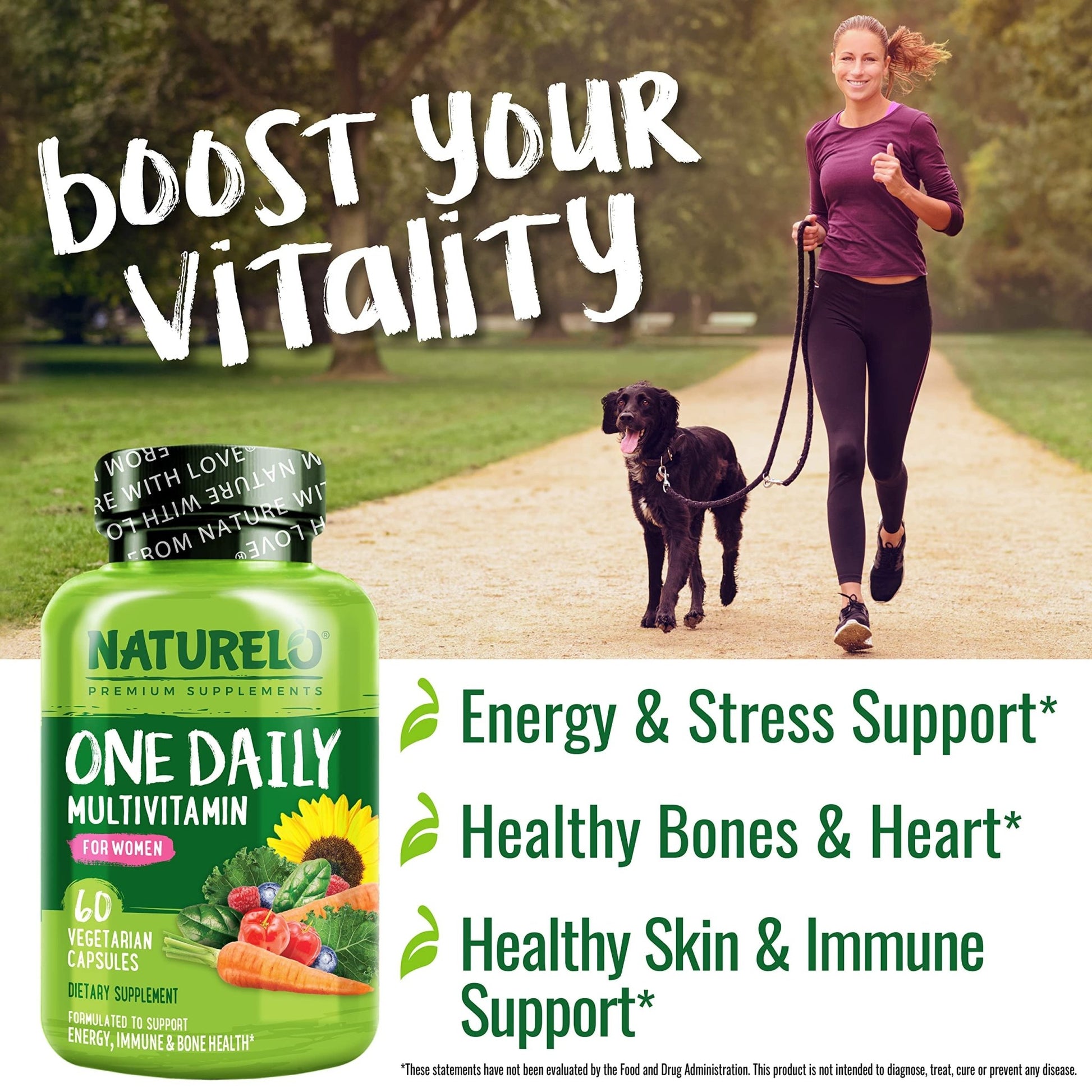 NATURELO One Daily Multivitamin for Women w/Vitamin B12, 60 Ct, Energy Support, Whole Food Daily Women Multivitamin Supplement, Nourish Hair/Skin/Nail, Non-GMO, No Soy, Gluten Free, 2 Month Supply - dailyvitalstore