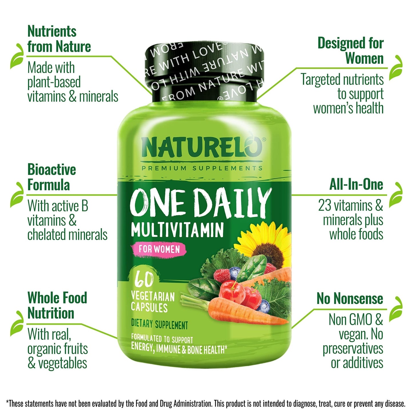 NATURELO One Daily Multivitamin for Women w/Vitamin B12, 60 Ct, Energy Support, Whole Food Daily Women Multivitamin Supplement, Nourish Hair/Skin/Nail, Non-GMO, No Soy, Gluten Free, 2 Month Supply - dailyvitalstore