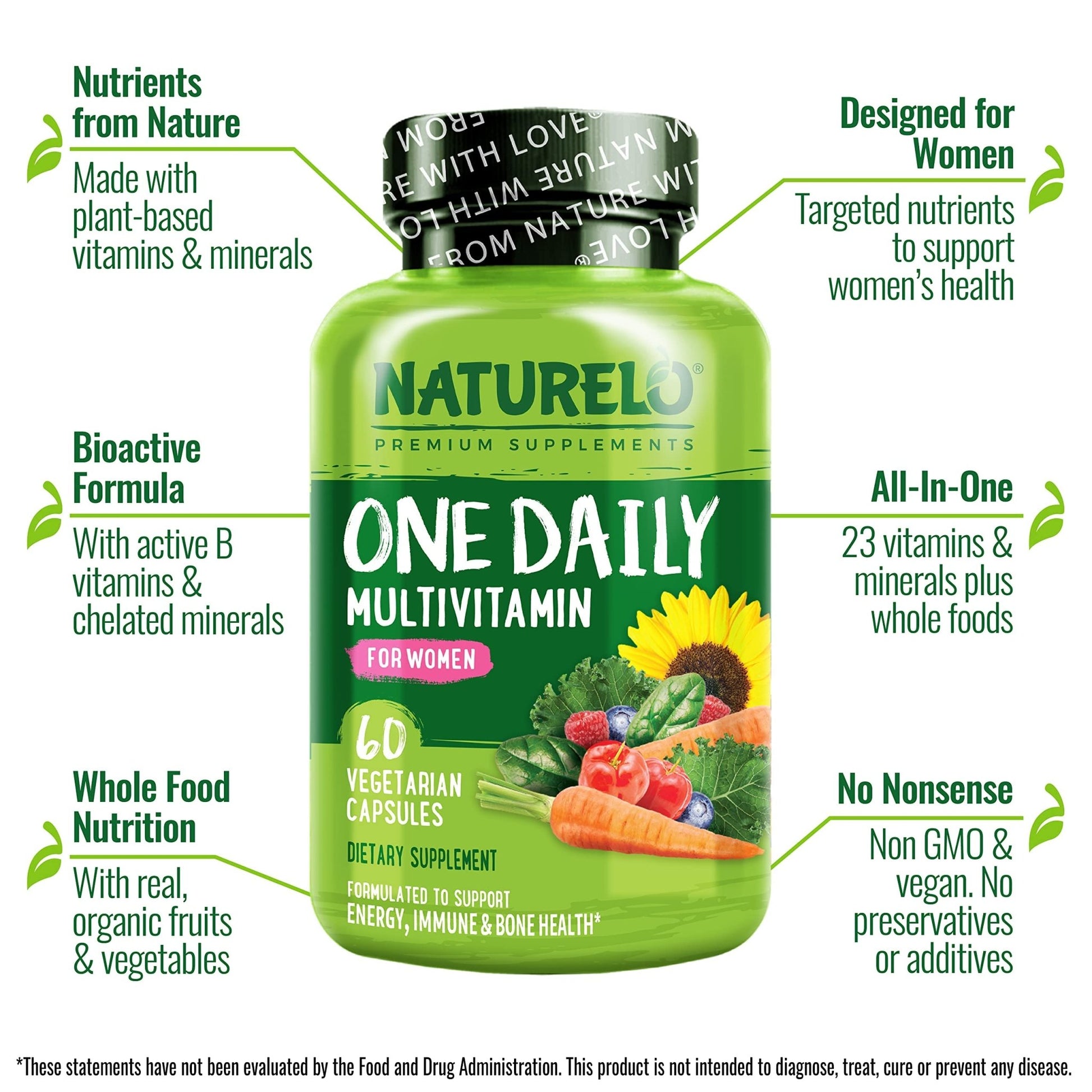 NATURELO One Daily Multivitamin for Women w/Vitamin B12, 60 Ct, Energy Support, Whole Food Daily Women Multivitamin Supplement, Nourish Hair/Skin/Nail, Non-GMO, No Soy, Gluten Free, 2 Month Supply - dailyvitalstore