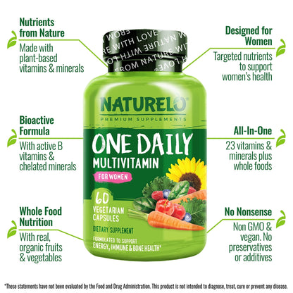 NATURELO One Daily Multivitamin for Women w/Vitamin B12, 60 Ct, Energy Support, Whole Food Daily Women Multivitamin Supplement, Nourish Hair/Skin/Nail, Non-GMO, No Soy, Gluten Free, 2 Month Supply - dailyvitalstore