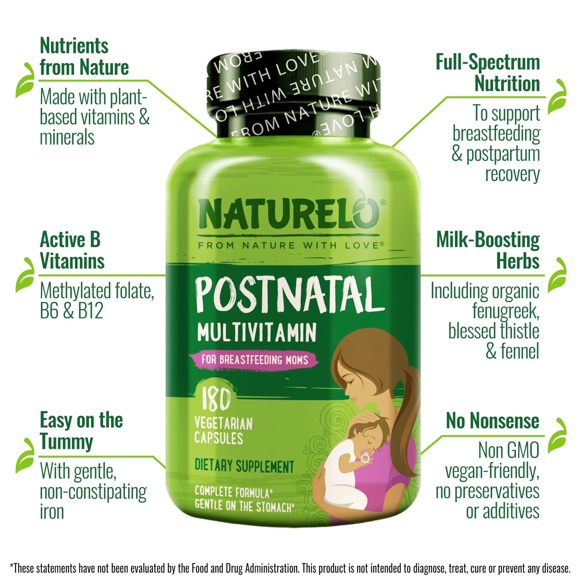NATURELO Postnatal Multivitamin - Supplement for Breastfeeding Women - Plant-Based Vitamin D, Folate, Gentle Iron - dailyvitalstore