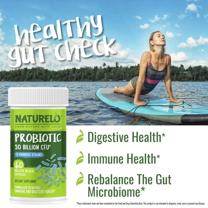 NATURELO Probiotics for Digestive Health - 50 Billion CFU, 11 Strains, Daily Use Supplement - Boosts Immune System, Delayed Release, - dailyvitalstore
