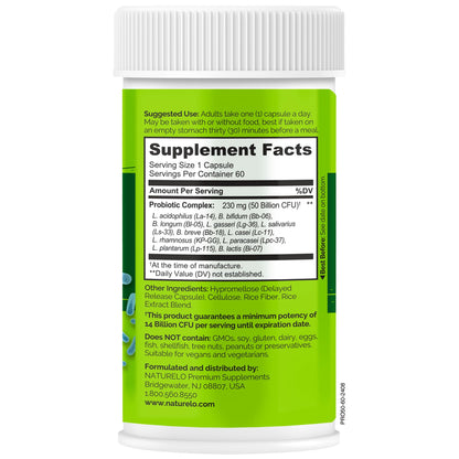 NATURELO Probiotics for Digestive Health - 50 Billion CFU, 11 Strains, Daily Use Supplement - Boosts Immune System, Delayed Release, - dailyvitalstore