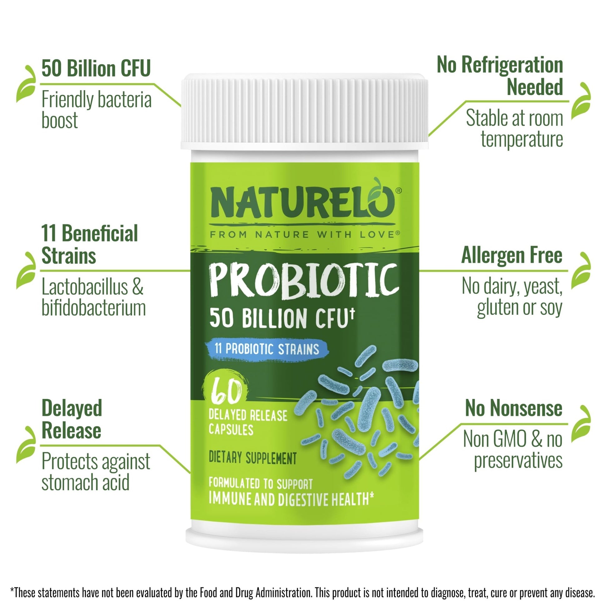 NATURELO Probiotics for Digestive Health - 50 Billion CFU, 11 Strains, Daily Use Supplement - Boosts Immune System, Delayed Release, - dailyvitalstore